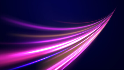 Fototapeta premium Panoramic high speed technology concept, light abstract background. Glowing spark swirl trail tracing on dark blue background. Light line moving with speed. 