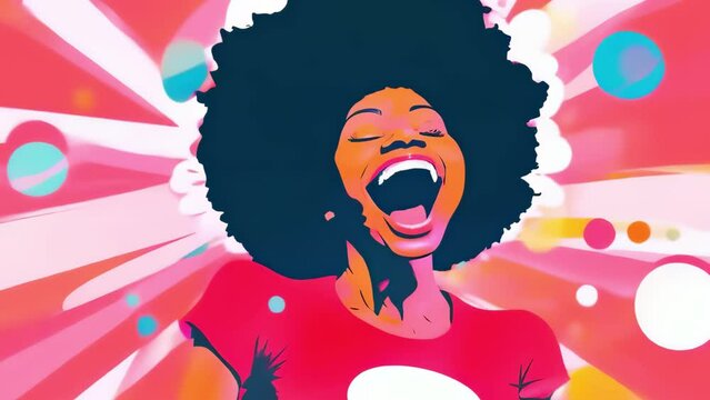 happy afro woman screaming smiling in joy extasy rainbow colorful comix cartoon iretro illustration animation advertisement style - 4K stock Video footage AI