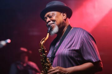 An African American senior man is playing the saxophone at stage during a jazz music concert