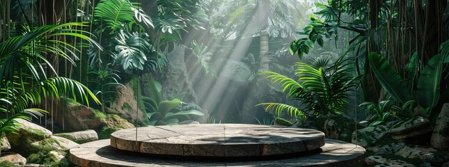 Stone round podium with tropical jungle background.