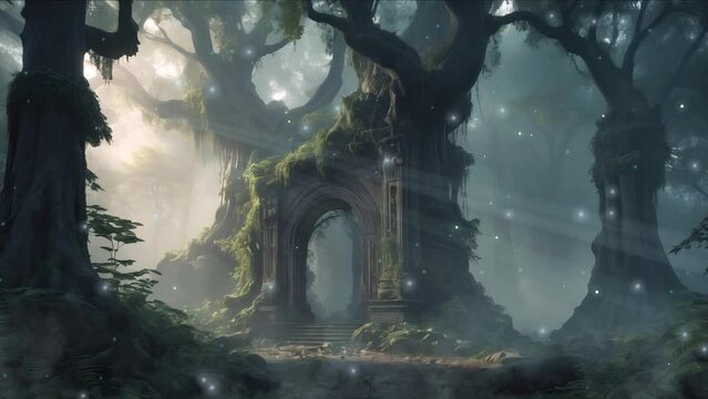 An ancient Pitu Building is embedded in majestic trees and abundant vegetation, forming a charming digital painting backdrop