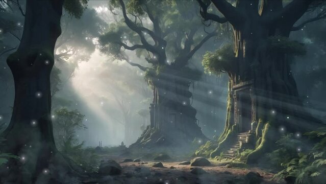 An ancient Pitu Building embedded in an enchanting forest like a fairy tale, decorated with majestic trees and abundant vegetation, forms the backdrop for a charming digital painting