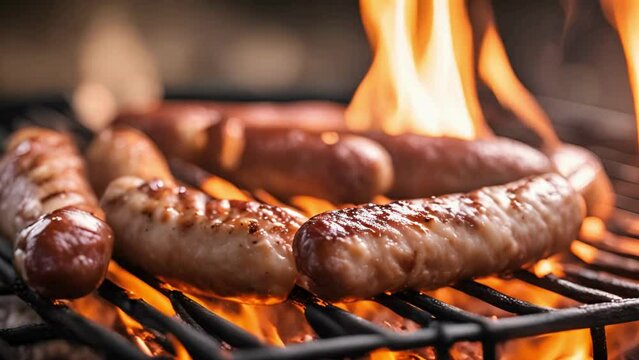 Sausages on the grill, Sausages being cooked over an open flame, whether it's grilling, showcasing the flames