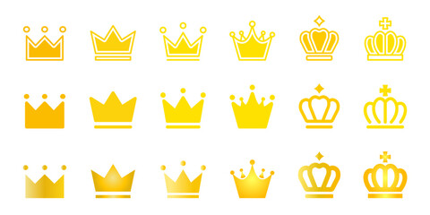 ランキング王冠、ゴールドランクのアイコンセット黄色のバリエーションイラスト、ベクター素材
