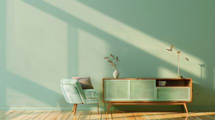 green mint wall with sofa  sideboard on wood floorinterior : Generative AI