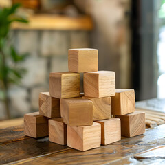 imagen compuesta por cubos de madera formando una pir&aacute;mide con iconos grabados con simbologia de educacion escuela salud medicina y economia