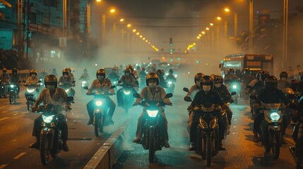 Road traffic crowded with motorbikes and scooter drivers. Driver in protection mask, air pollution in asia