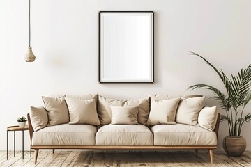 A clean and minimalistic living room with a comfortable sofa, neutral tones, and a framed artwork on the wall
