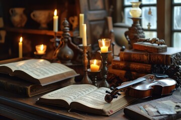 Detailed Vintage instruments candles books. Incredible and artistic objects bathed glowing light. Generate AI
