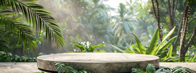 Stone round podium with tropical jungle background.