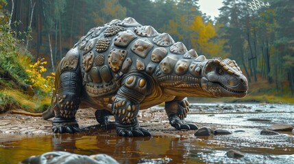 Ankylosaurus by forest stream on a misty day. Detailed armor and spikes visible on dinosaur's back....