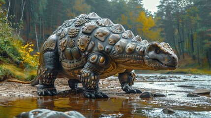 Ankylosaurus by forest stream on a misty day. Detailed armor and spikes visible on dinosaur's back. Autumn colors in background, with water reflecting serene and tranquil prehistoric atmosphere.