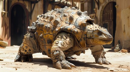 Ankylosaurus dinosaur standing in ancient village setting. detailed armor-like skin and spikes, prehistoric creature in a human-made environment, contrast between natural and constructed worlds.