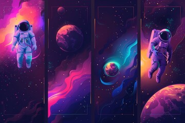 Designs for posters with the and an astronaut floating in space, in a vector illustration style using simple shapes and a flat design with pastel colours background