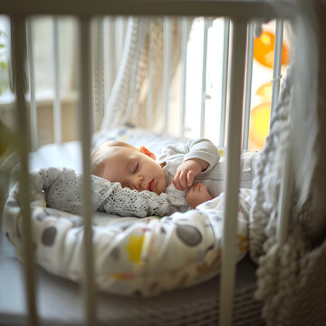 Beb&eacute; reci&eacute;n nacido durmiendo en su cuna cama