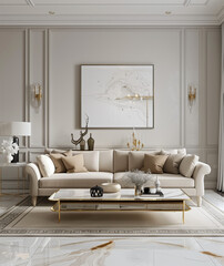 Modern style living room, cream white sofa combination, light gray floor tiles, simple background wall decoration, interior lighting, large glass window and bright atmosphere.
