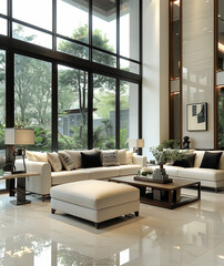 Modern style living room, cream white sofa combination, light gray floor tiles, simple background wall decoration, interior lighting, large glass window and bright atmosphere.