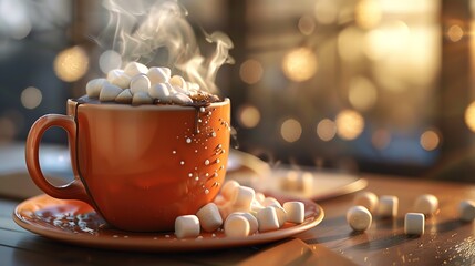 A steaming cup of hot chocolate with marshmallows on a wooden table. The cup is orange and there is a plate with marshmallows next to it. - Powered by Adobe