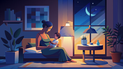 Serene Nighttime Motherhood: Calm Mom Soothing Baby in Cozy Room