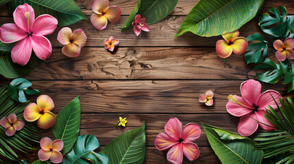 Beautiful tropical flowers with leaves on wooden background