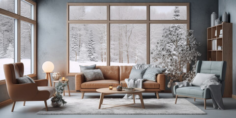 Stylish living room interior with comfortable sofa.