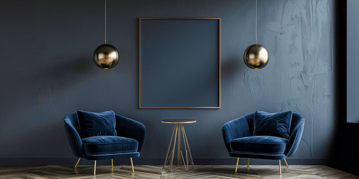 Maqueta de Decoraci&oacute;n Minimalista: Interior Moderno con Sillones Azul Oscuro y Mesa Auxiliar de Lat&oacute;n - Concepto de Dise&ntilde;o Interior en Gris Oscuro