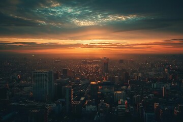 Fototapeta premium A beautiful sunset over a city. The warm colors of the sky contrast with the cool colors of the buildings.