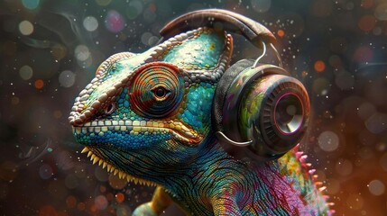 A bright and colorful chameleon wearing headphones is the perfect way to add some fun and excitement to your day.
