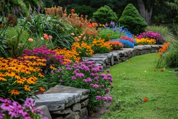 Flowerbed with colorful flowers and greenery