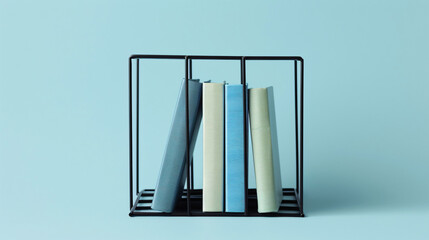 Black metal holder with books on blue background