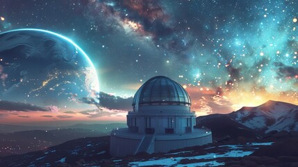 Realism digital painting of a celestial observatory where observers witness the glorification of the universe