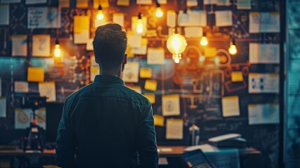 A man standing in front of a wall of Post-it notes.