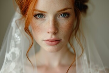 Fototapeta premium Striking Red hair bride veil. Romance wife. Generate Ai