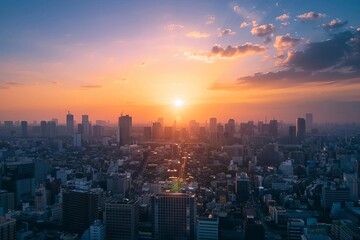 Fototapeta premium A stunning view of a city skyline at sunset. The warm colors of the sky and the city lights create a beautiful and peaceful scene.
