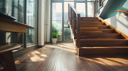 Obraz premium Twofloor apartment with spacious living room with wooden stairs hardwood floor and many big windows : Generative AI