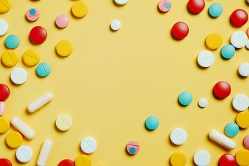 Colorful pills and capsules scattered on yellow background. Pharmaceutical industry concept.