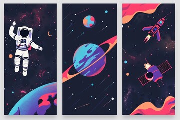 Designs for posters with the and an astronaut floating in space, in a vector illustration style using simple shapes and a flat design with pastel colours background