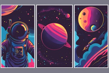 Designs for posters with the and an astronaut floating in space, in a vector illustration style using simple shapes and a flat design with pastel colours background