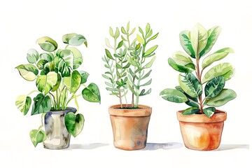 Obraz premium set of watercolor green house plants in a pot isolated on white background