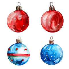 set of watercolor сhristmas toys isolated on white background, festive balls or sphere