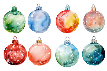 set of watercolor сhristmas toys isolated on white background, festive balls or sphere