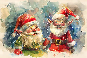 watercolor christmas cartoon santa claus, gnome or elf, fairytale character drawn with paints