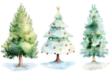watercolor christmas tree set isolated on white background