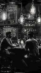 Obraz premium handdraw illustration with chalk on a blackboard about a bar where some people relaxing drinking laughting or dateing