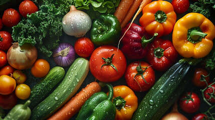 perfect photo of mixed vegetables like zuccini, carrot, eggplants, pepper, broccoly, onion, garlic, salad freshly washed