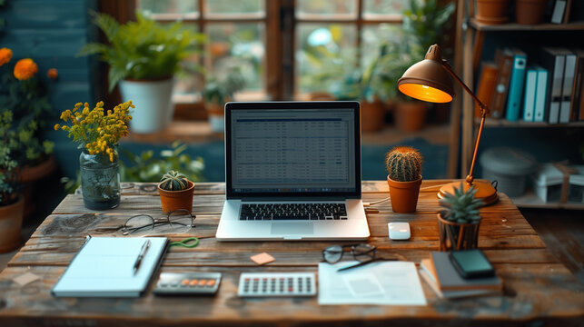 desk with items for organizing finances. The desk a laptop open with a financial spreadsheet displayed, various financial documents a pen, and a calculator.