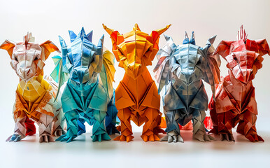 Illustration of a colorful bright dragon made of paper, origami, photo style