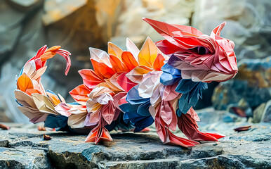 Illustration of a colorful bright dragon made of paper, origami, photo style