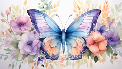 Watercolor illustration of butterfly surrounded by flowers. Floral composition. Beautiful artwork