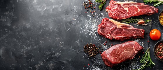 Three raw beef steaks with spices and herbs on a dark background.